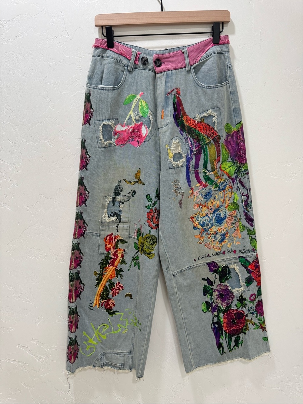 Hippie Indie Folk Art to Wear Festival Graffiti Floral Drop Crotch Jeans Medium - Picture 2 of 14